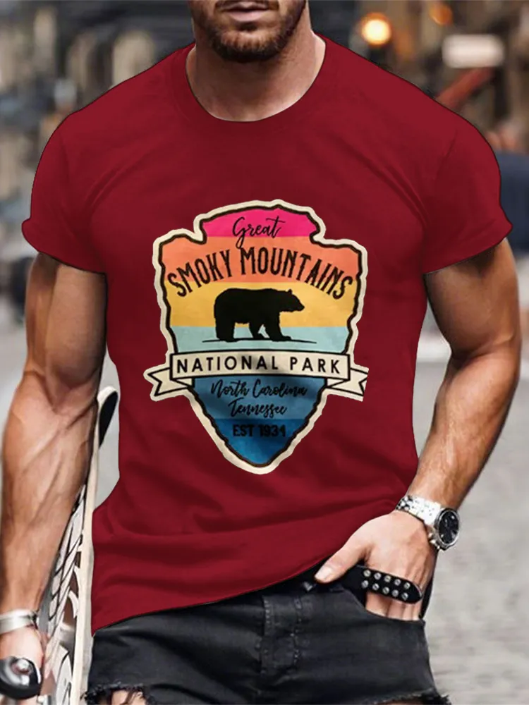 Men'S Round-Neck Short-Sleeved T-Shirt With Great Smoky Mountains National Parks Prints