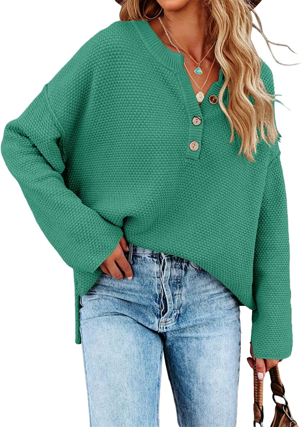 Women's Oversized Sweaters Batwing Long Sleeve Loose V Neck Button Henley Tops Pullover Knit Jumper