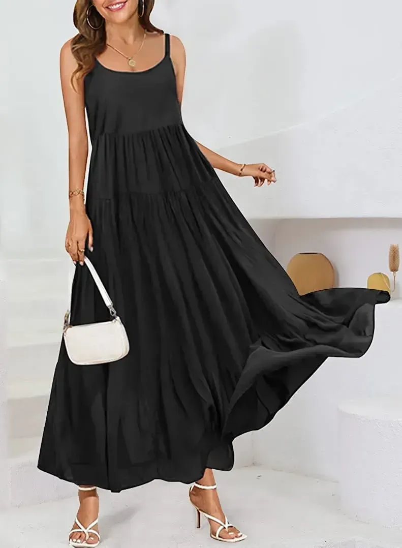 Summer Dresses for Women Casual Loose Bohemian Floral Dress with Pockets Spaghetti Strap Maxi Dress E75