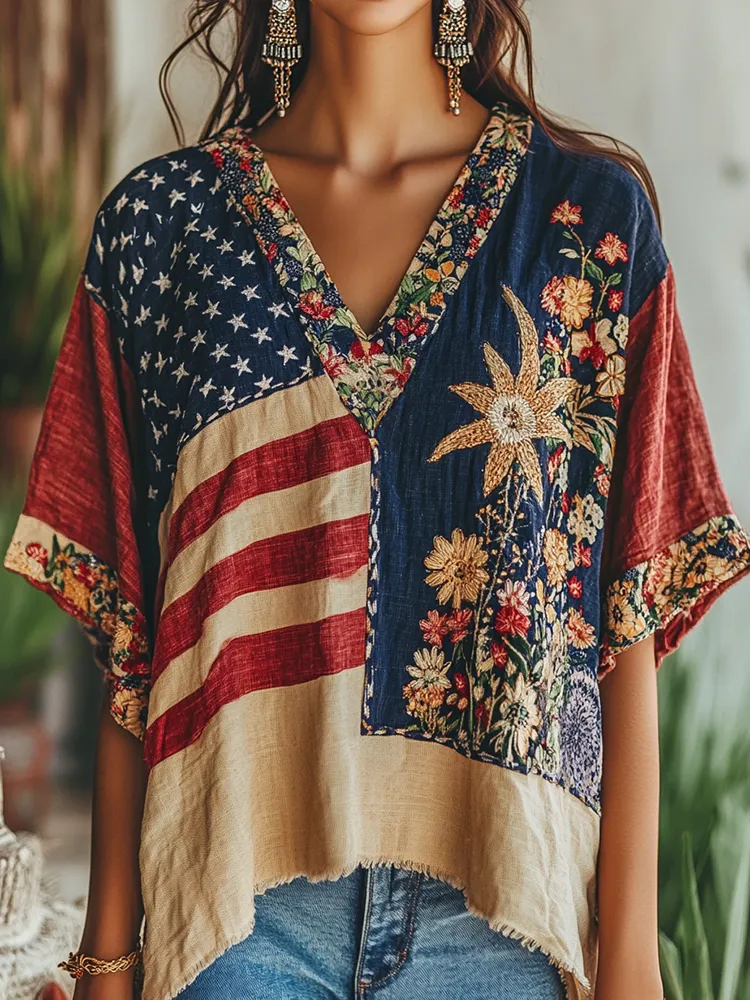 Women's Vintage Independence Day Flag Floral Embroidery Print V-neck Short Sleeve T-shirt