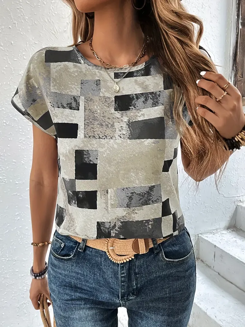 Graphic Print Crew Neck T-shirt, Short Sleeve Aztec Print Tops, Women's Clothing