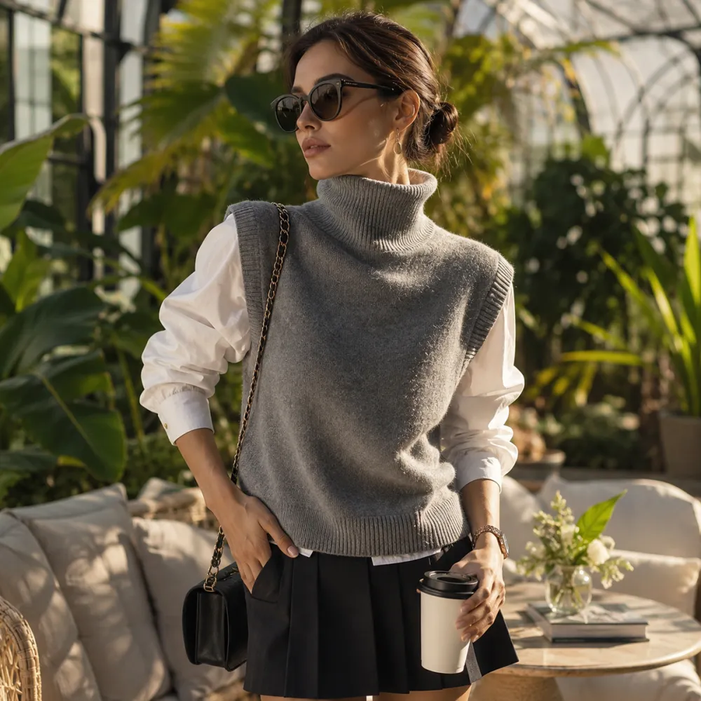 Turtle Neck Vest Jacket Sleeveless Knitted