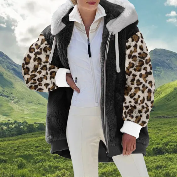 Casual Oversized Leopard-Painted Lambsool Hooded Coat