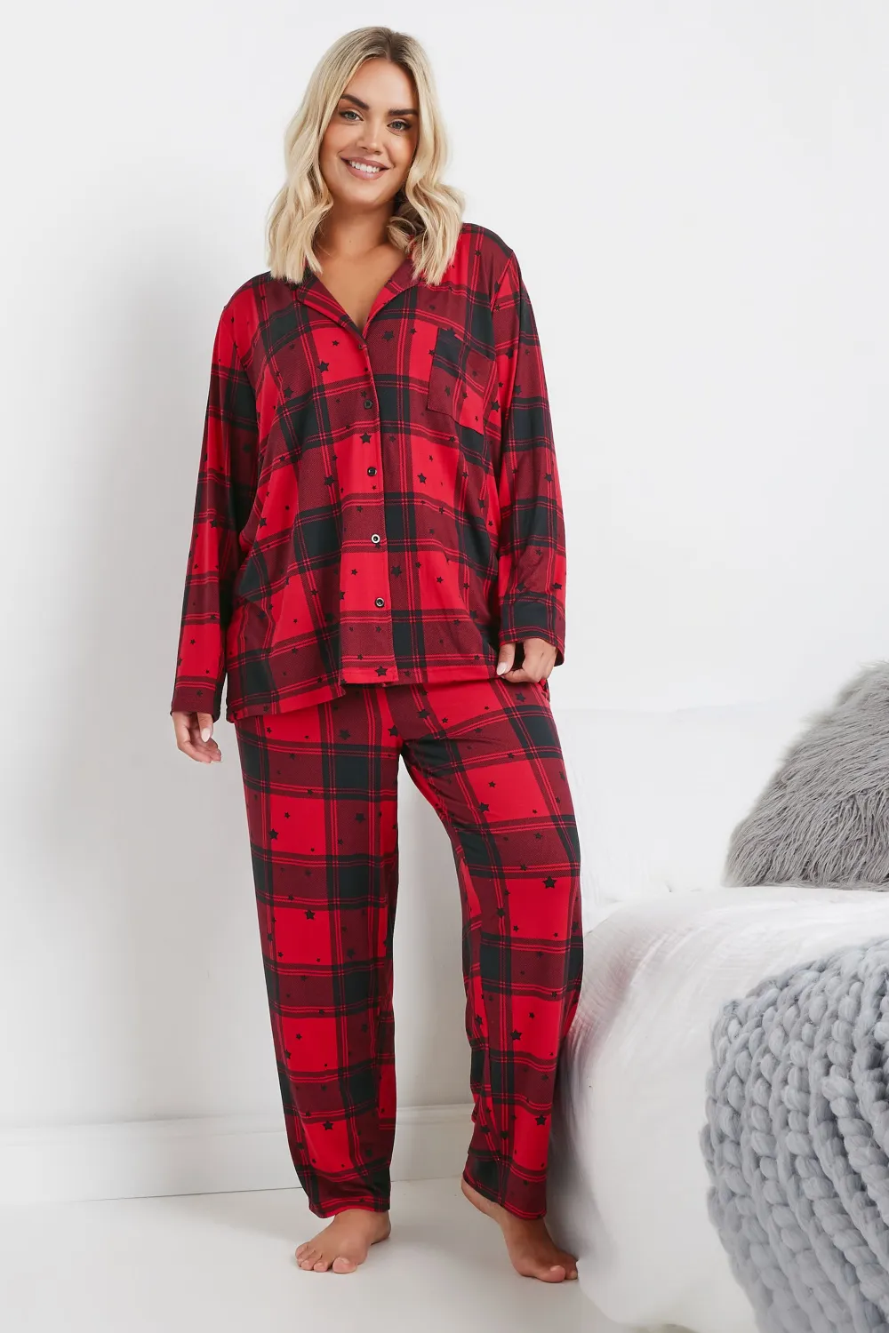 YOURS Curve Red Check Print Soft Touch Pyjama Set