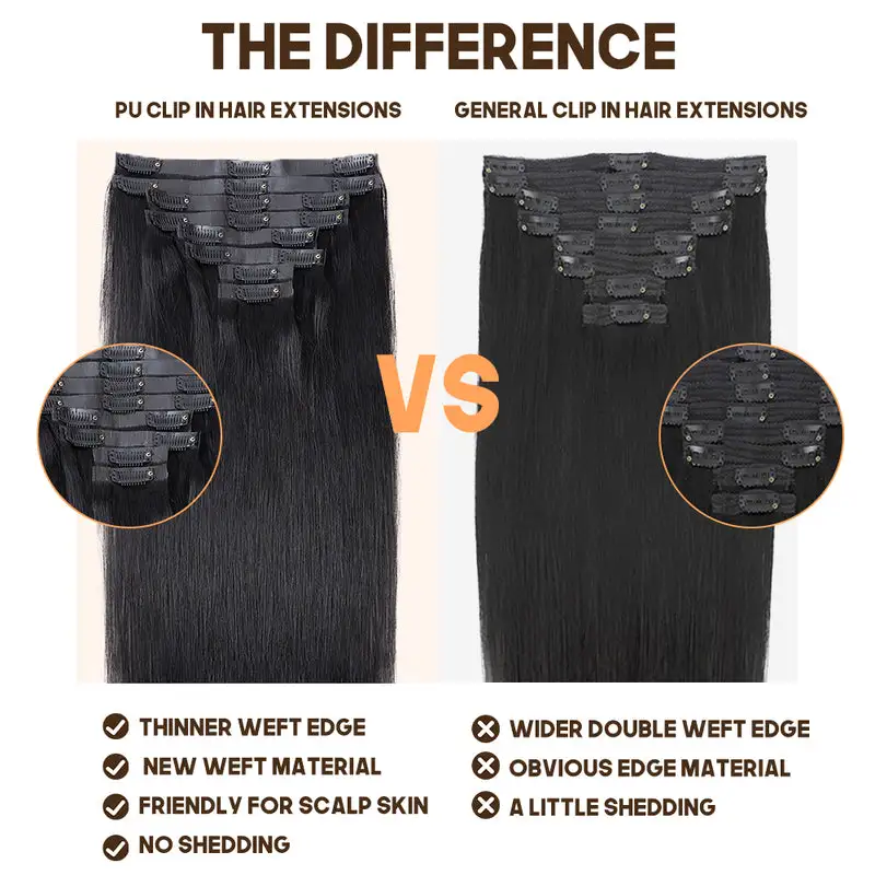 Colored Seamless Clip In Hair Extensions PU Weft Clip Ins 8pcs With 18 Clips
