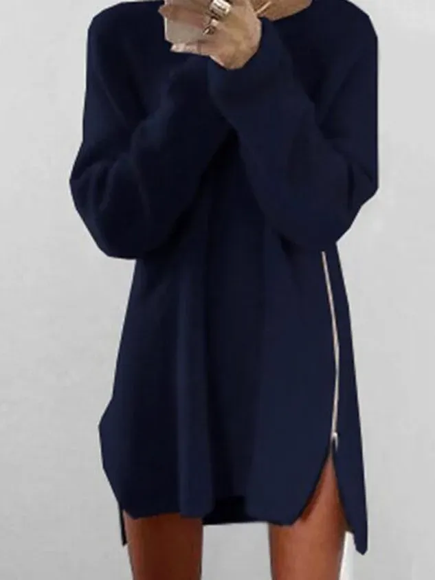 Women Fluffy Zipper Long Sleeve Casual Plus Size Sweater Dress