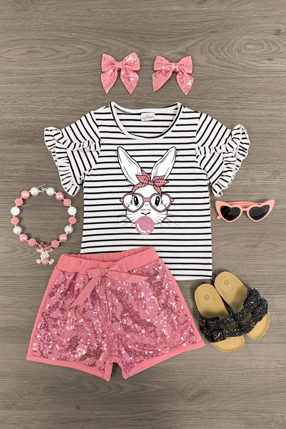 Striped Bubblegum Bunny Sequin Short Set