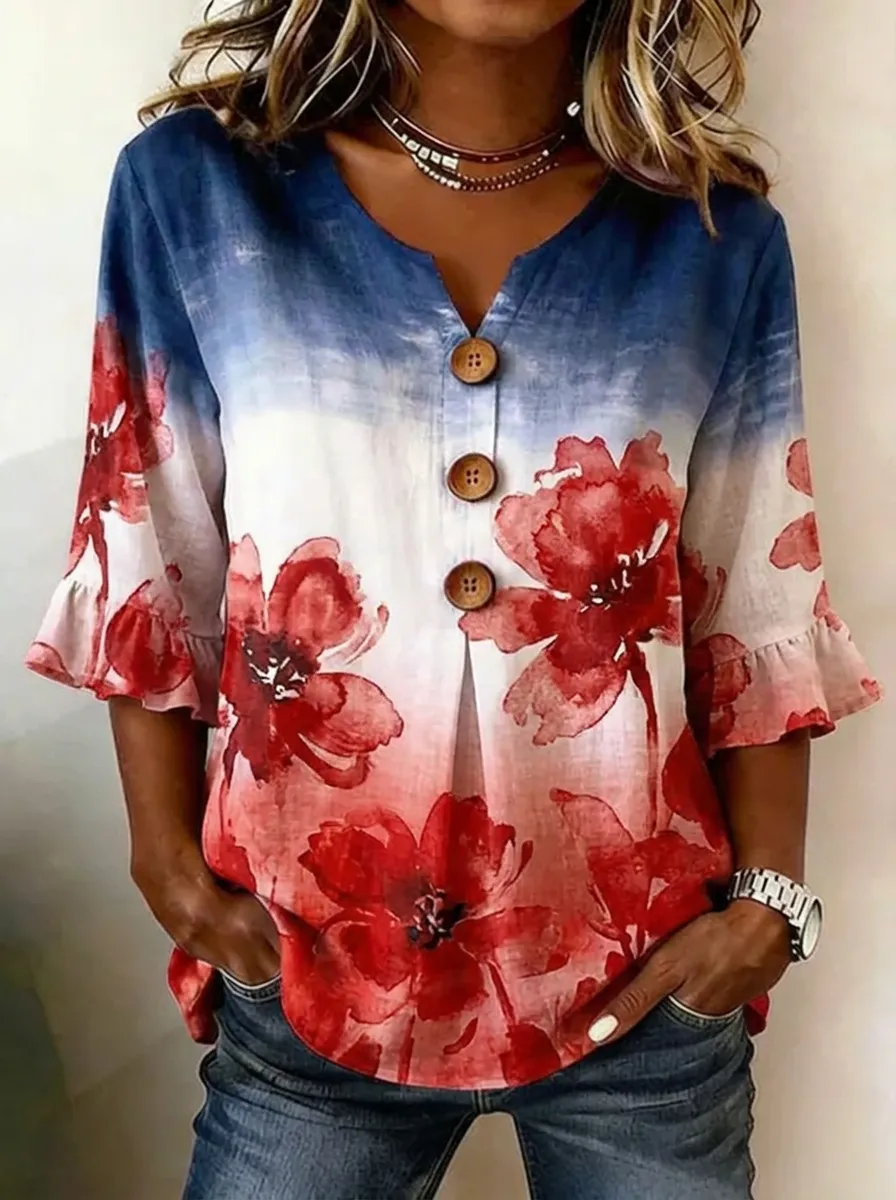 Women's Nashville Floral Ombre Printed V-neck Button Top