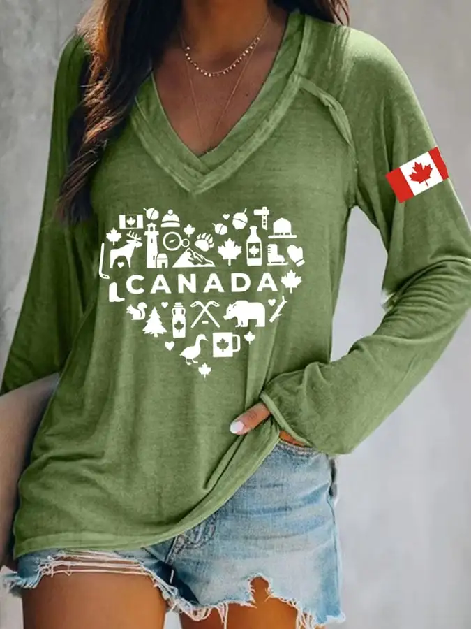 Women's Canadian Flag Heart Print T-Shirt