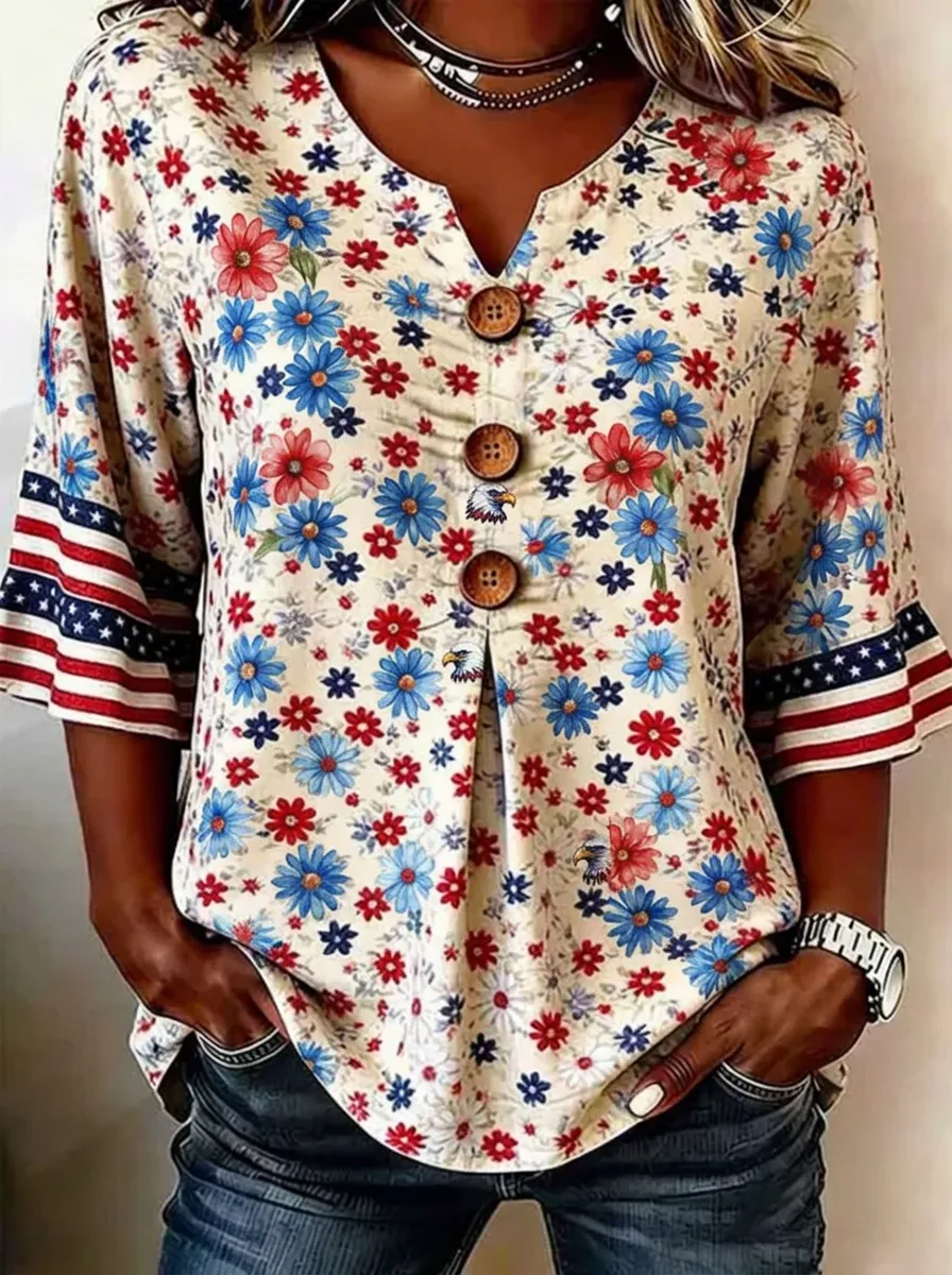Women's Nashville Patriotic Floral Eagle Printed V-neck Top