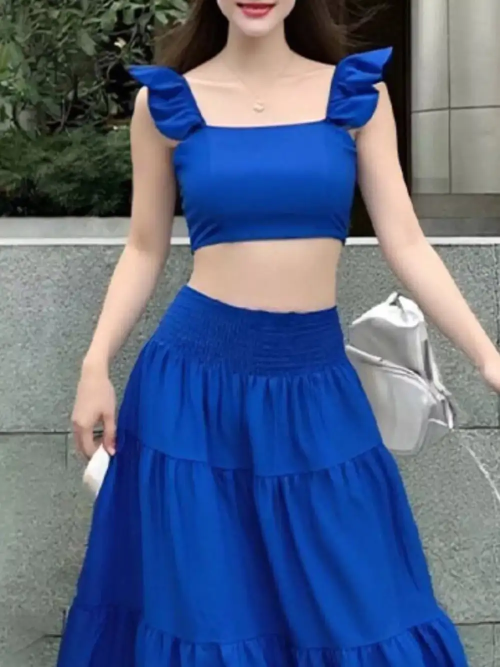 Crop Top Tiered Maxi Skirt Set