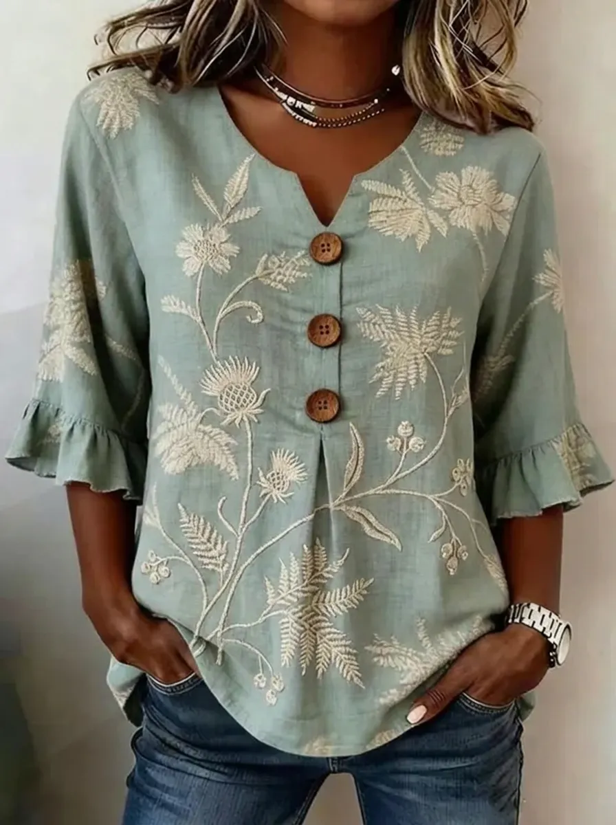 Women's Nashville Floral Embroidered Button-Down Ruffle Top