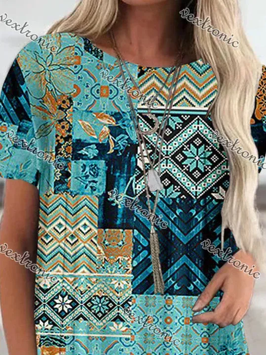 Women Short Sleeve Scoop Neck Floral Printed Graphic Geometric Tops