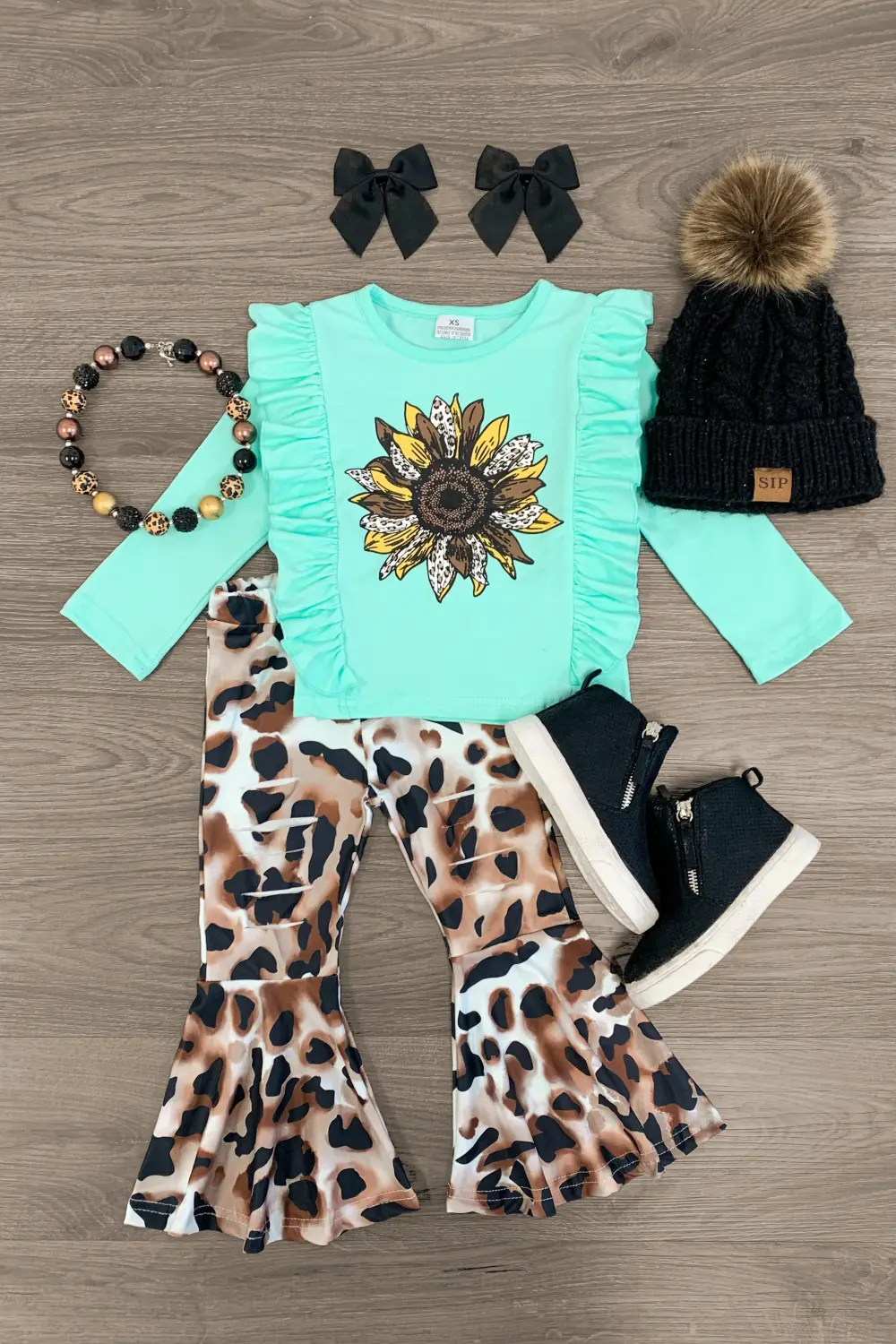 Mint Leopard Sunflower Distressed Bell Bottom Set