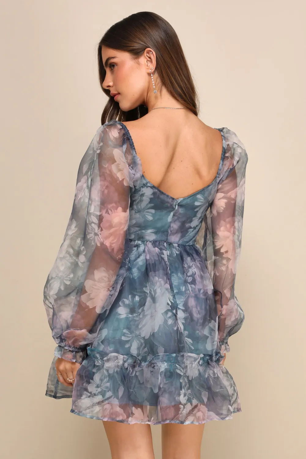 Darling Fantasy Blue Floral Organza Balloon Sleeve Mini Dress
