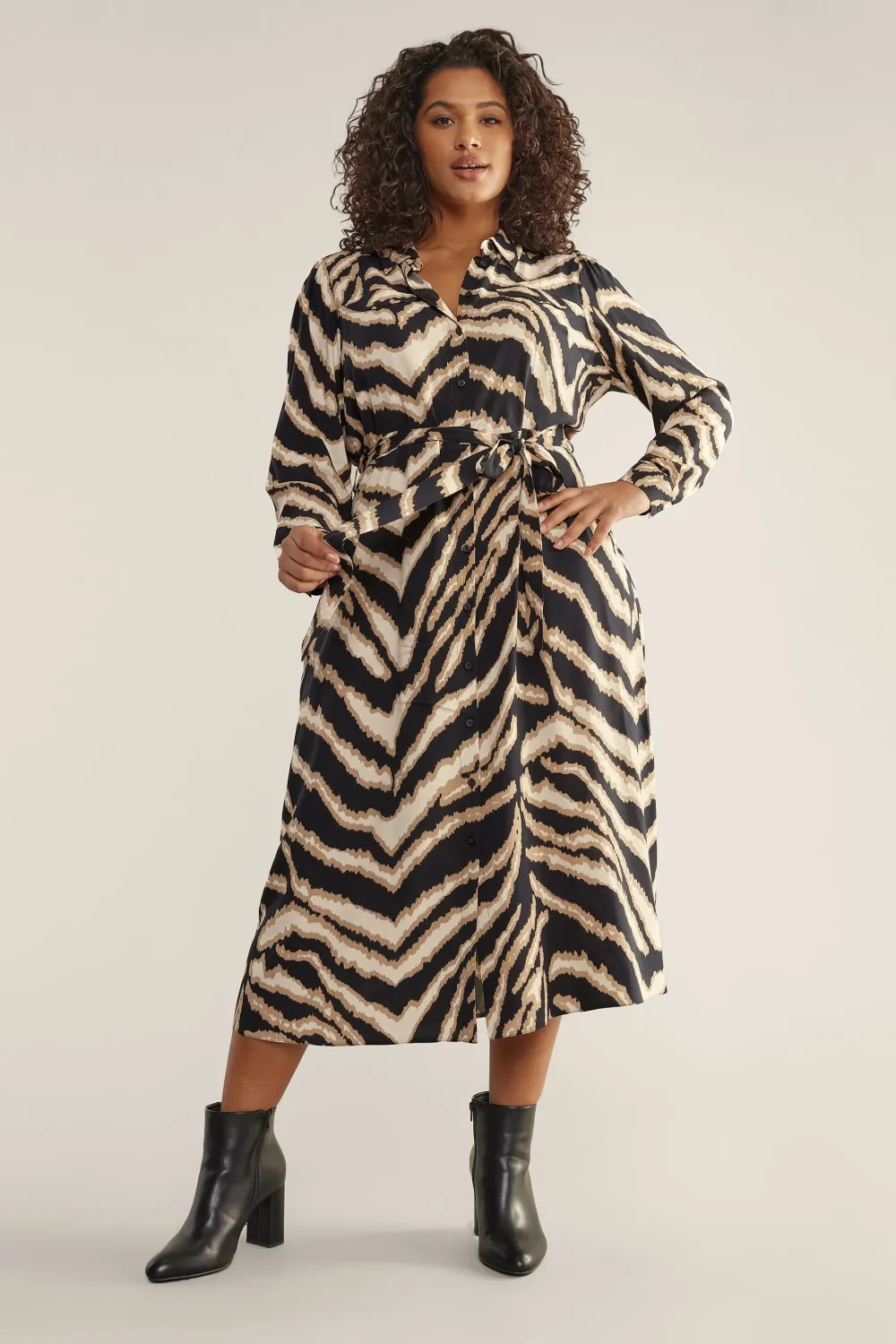 EVANS Curve Black & Brown Animal Print Utility Shirt Dress