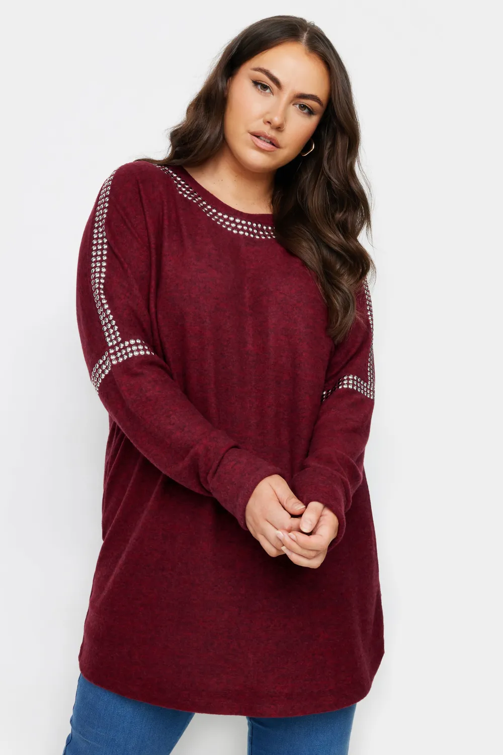 YOURS Curve Grey Stud Neckline Embellished Jumper