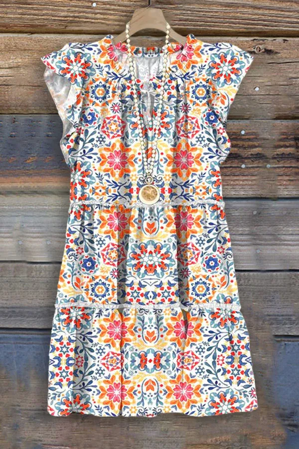 Vintage Graphic Print Ruffled Midi Dress