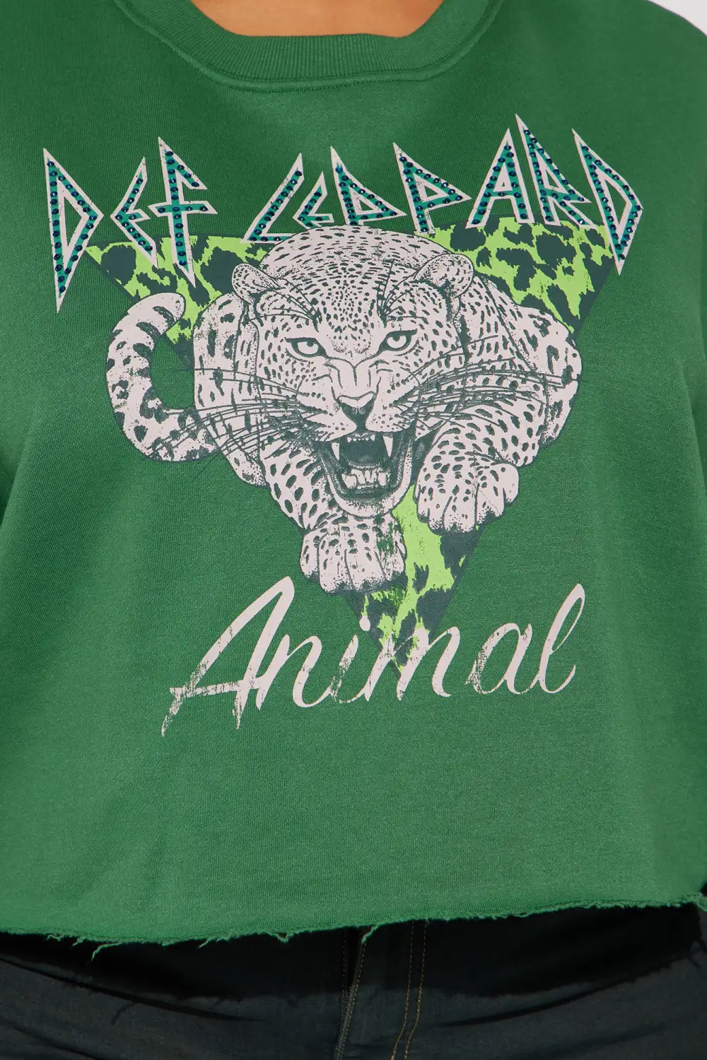 Def Leppard Rhinestone Crop Sweatshirt - Green