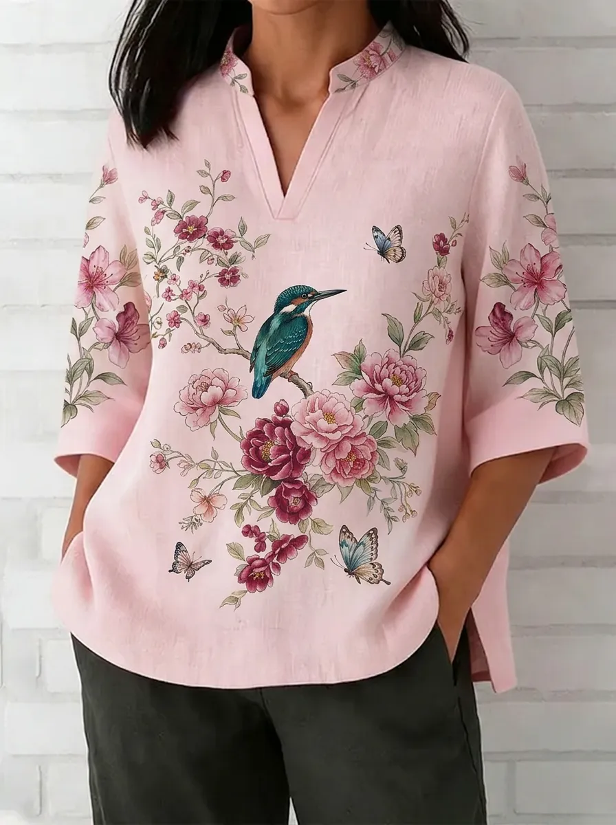 Women's Nashville Nature Kingfisher Floral Butterfly Printed V-neck Top