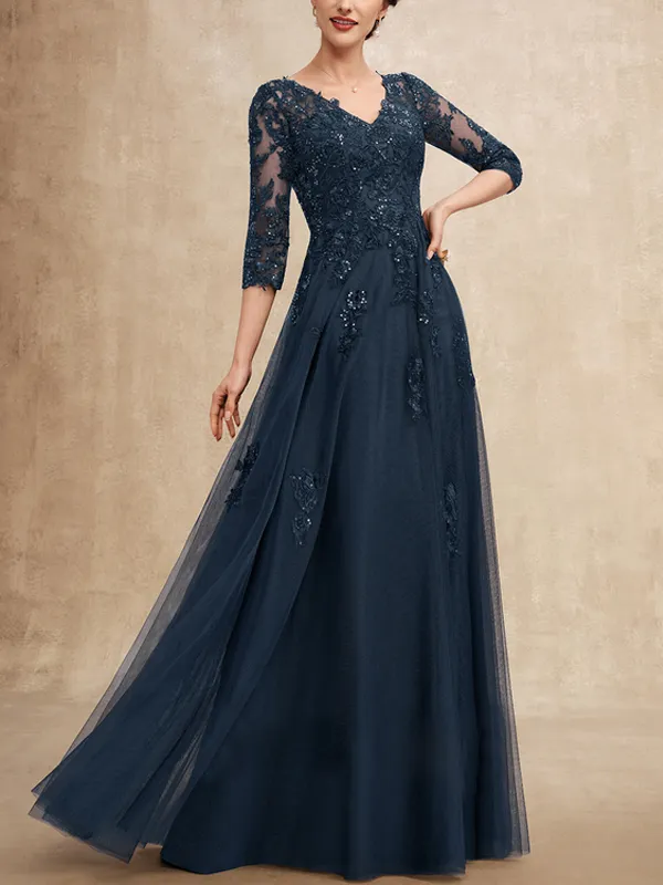 V-Neck Floor Length Tulle Lace Sequined Bridal Gown