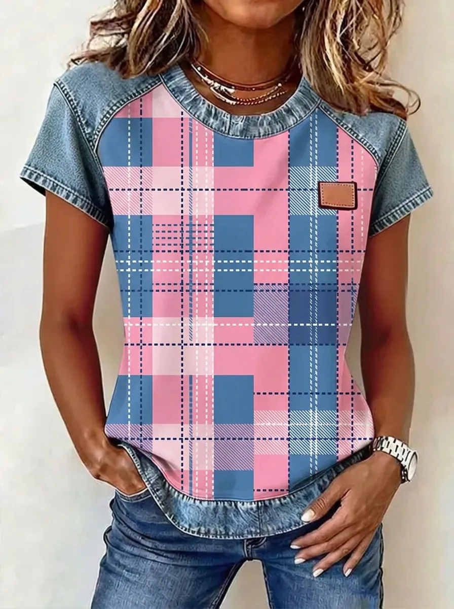 Women's Nashville Country Style Pink Blue Plaid Printed T-shirt