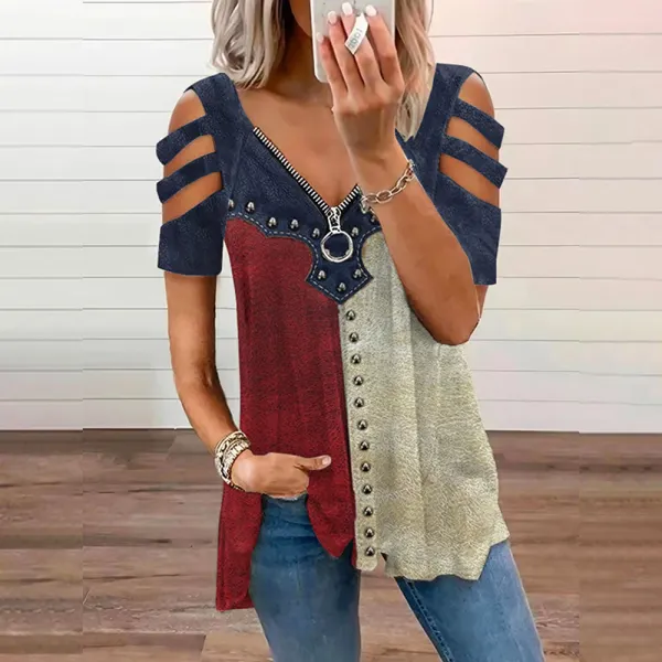 Women's Vintage American Flag Print Zipper Off Shoulder Casual T-shirt