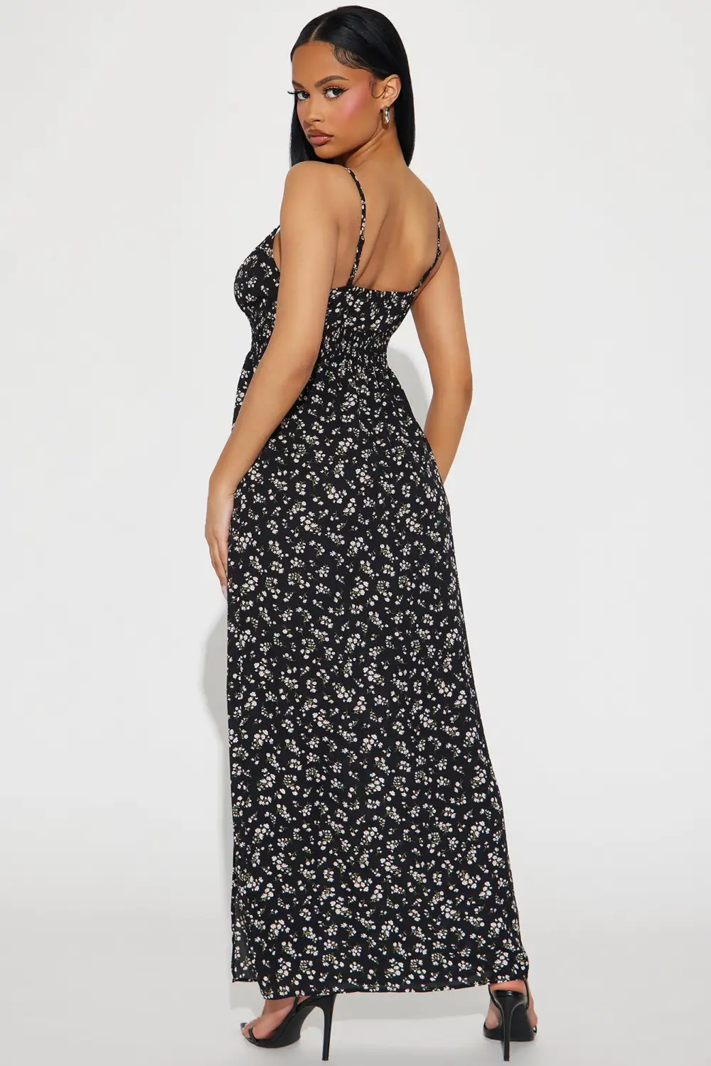 High Slit Floral Maxi Dress - Black