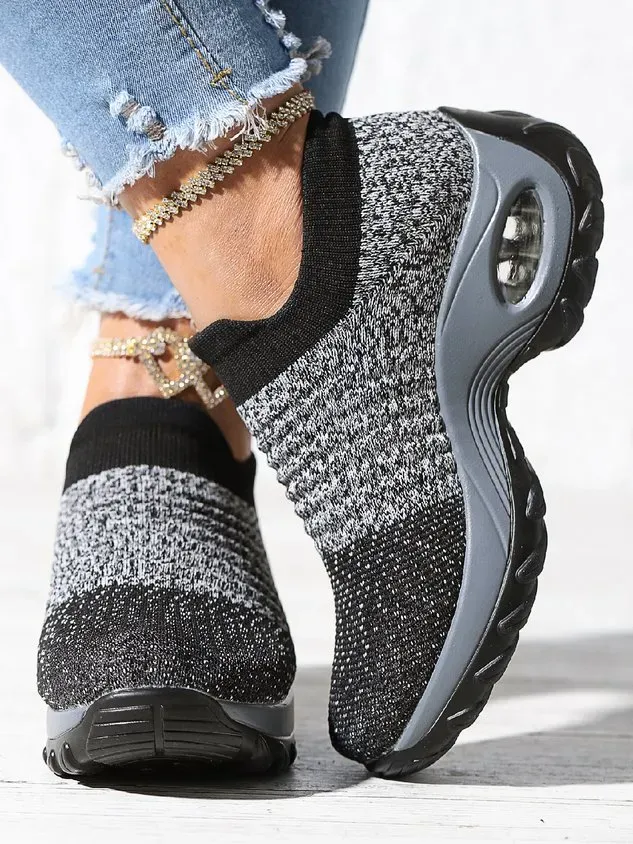 Sports Color Block Breathable Slip On Block Heel Fly Woven Shoes