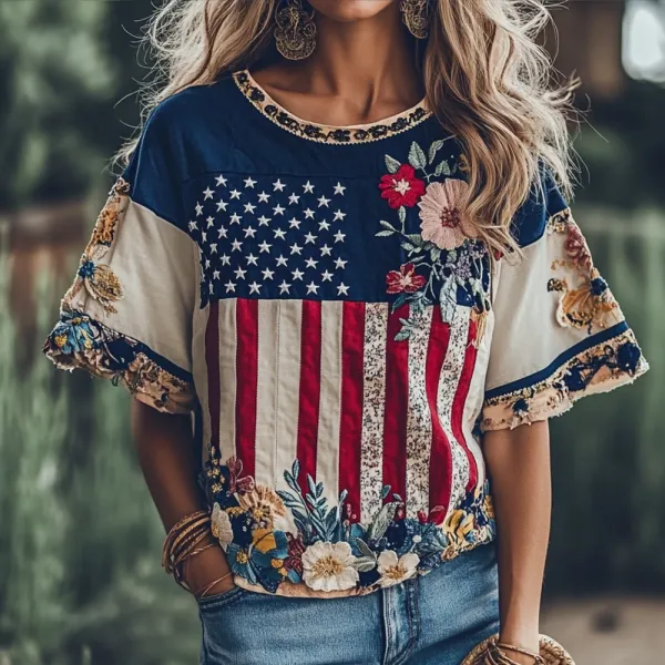 Women's Independence Day Flag Floral Embroidery Print Round Neck T-shirt