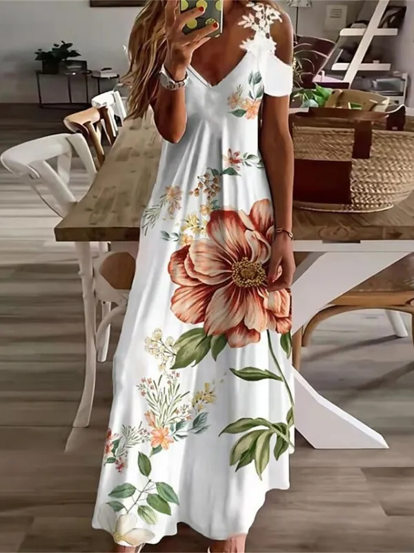 Women's Long Dress Maxi Dress Casual Dress A Line Dress Floral Dress Floral Print Ombre Fashion Casual Outdoor Daily Holiday Cut Out Print Short Sleeve V Neck Dress Regular Fit Light Yellow Black