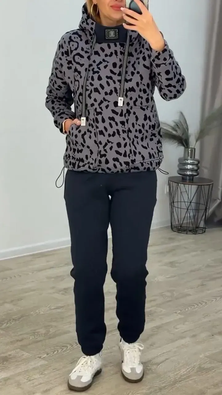 Women's High Collar Leopard Print Casual Warm Suit