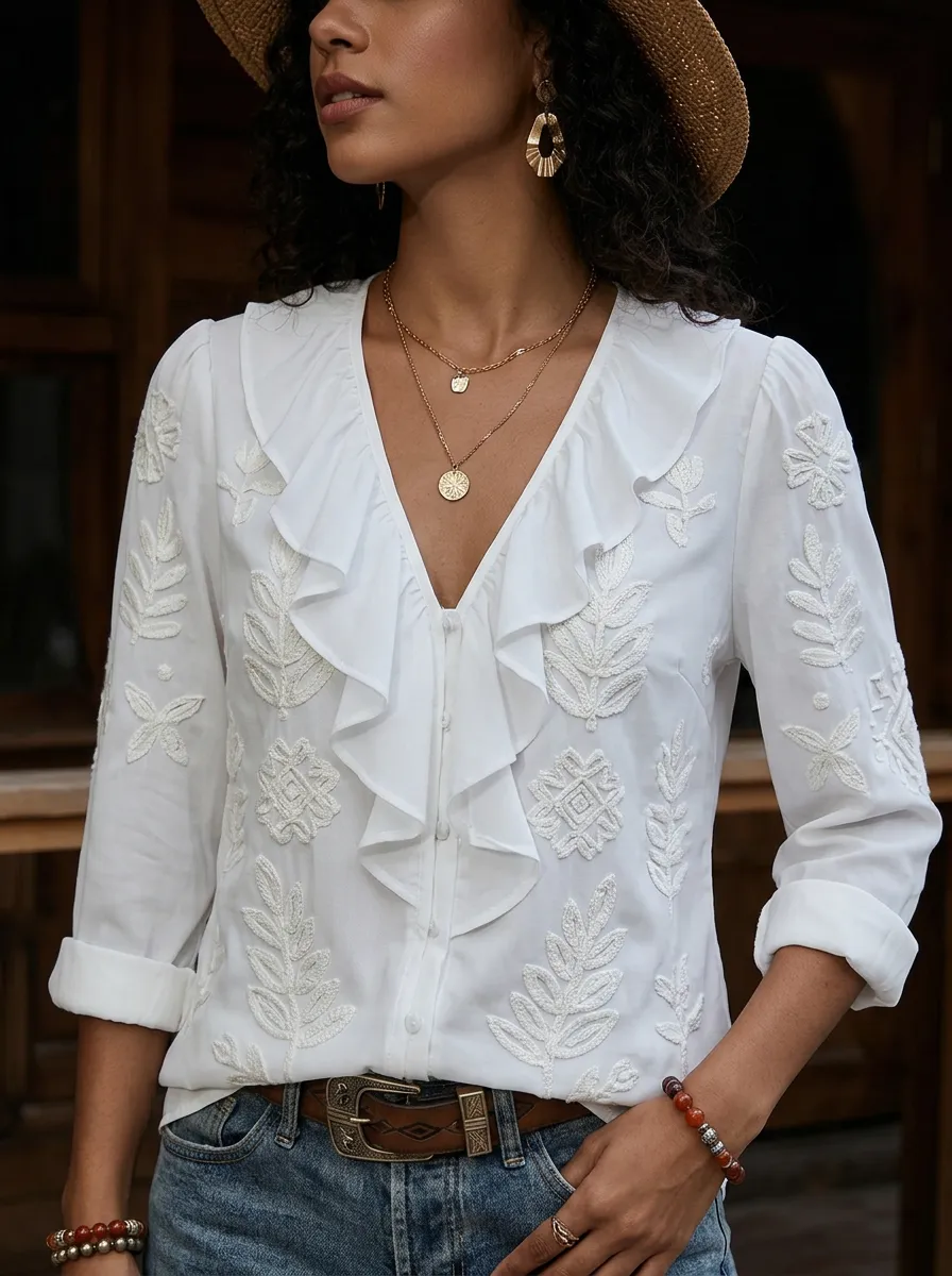 Women's Nashville Western Floral Embroidered Ruffle Printed Top
