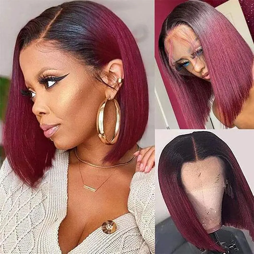 Sterly 1B/99J Burgundy Ombre 13x6 Lace Front Wig Straight Human Hair Bob Wigs for Black Women