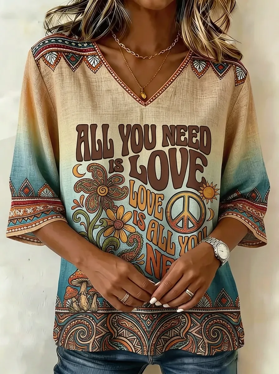 Women's Nashville Hippie Love Flower Peace Printed V-neck Top
