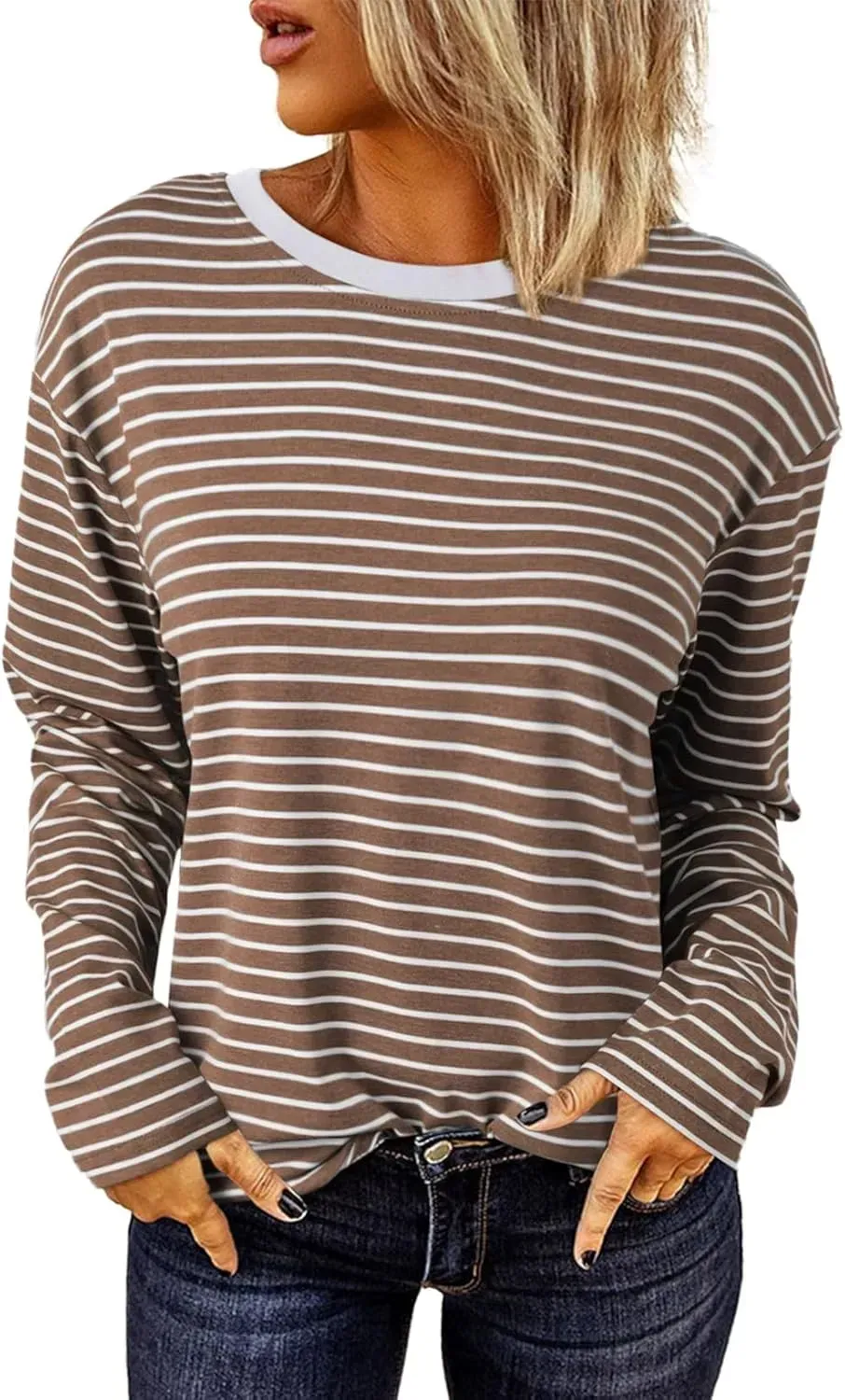 Dokotoo Women's Casual Striped Long Sleeve Tops Crew Neck Knit Ribbed Basic T Shirts