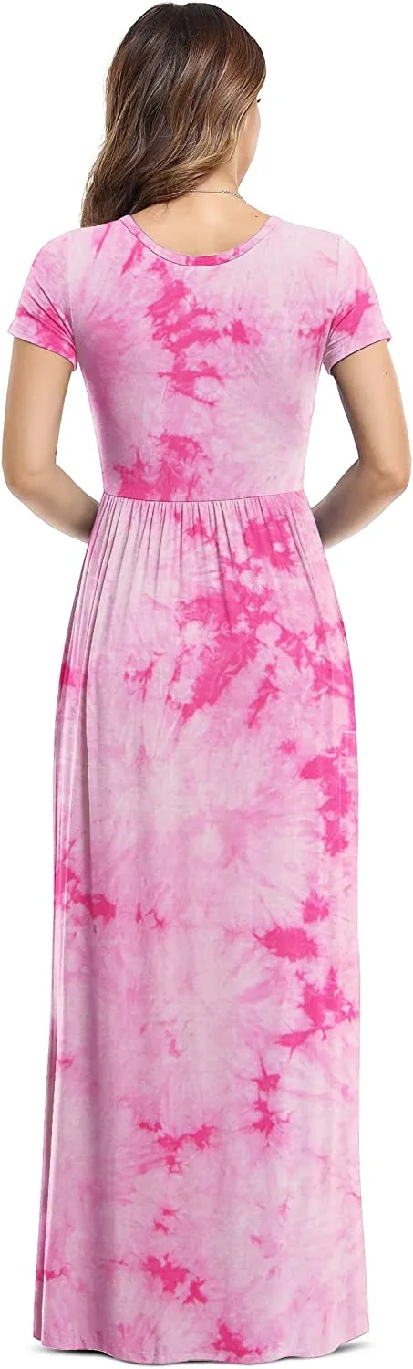 Women's Short Sleeve Loose Plain Maxi Dresses Casual Long Dresses with Pockets