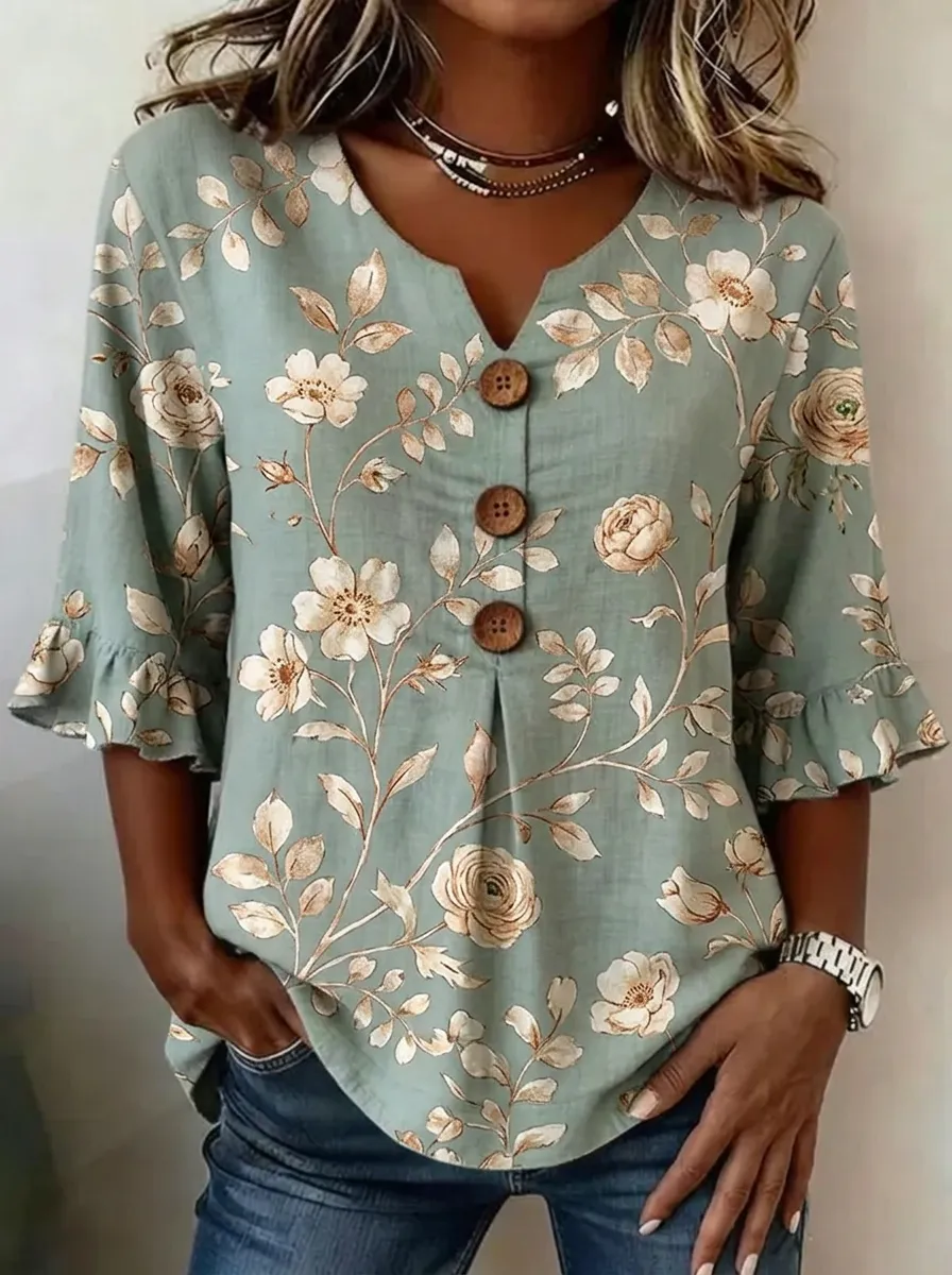 Women's Nashville Floral Botanical Printed Button-Down Top