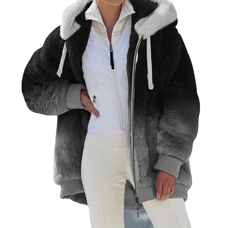 Loose Plush Gradient Zip Hooded Coat