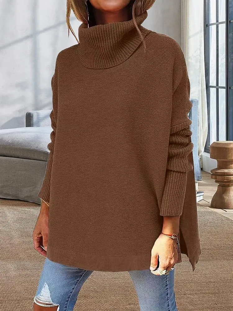Midi Bat Sleeve Hem Tunic Sweater Knitted In A Turtleneck Sweater