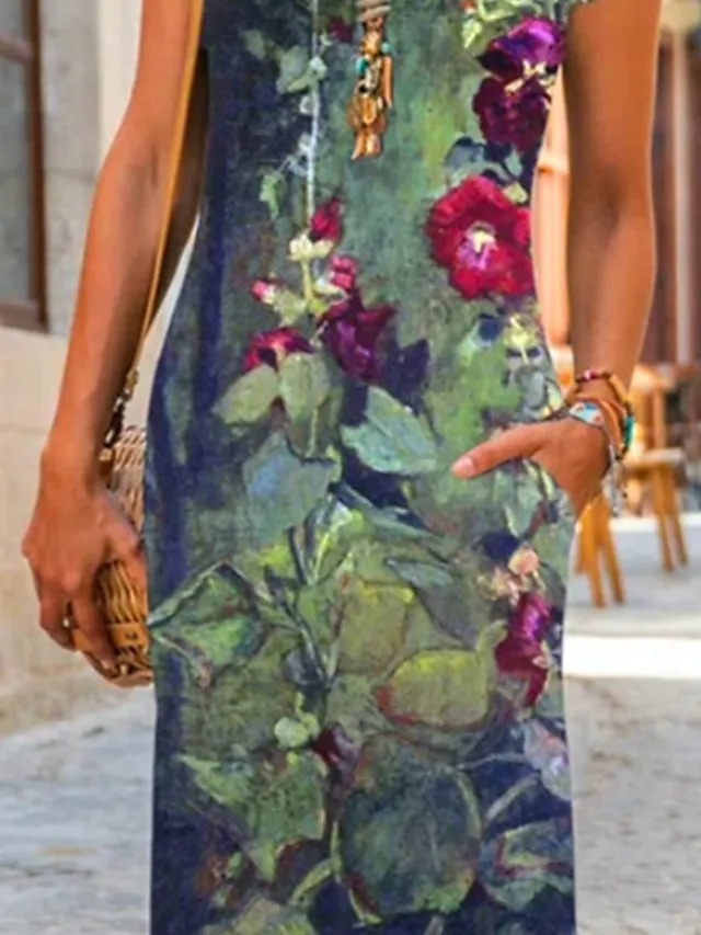 Women‘s Shift Dress Maxi long Dress Green Blue Gray Dark Blue Short Sleeve Floral Pocket Print Spring Summer Crew Neck Casual 2023 S M L XL XXL XXXL