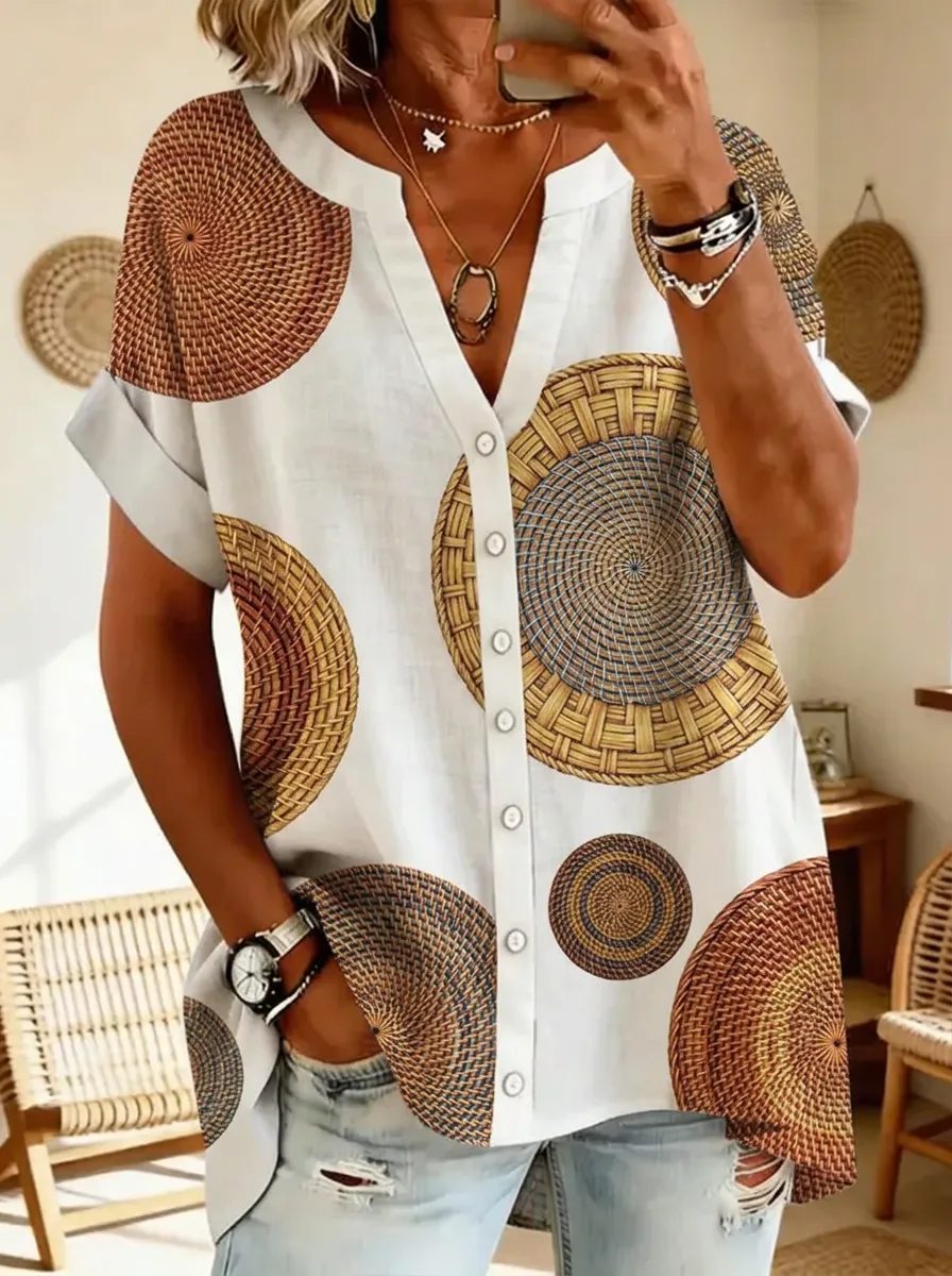 Women's Nashville Boho Woven Circle Printed V-Neck Shirt