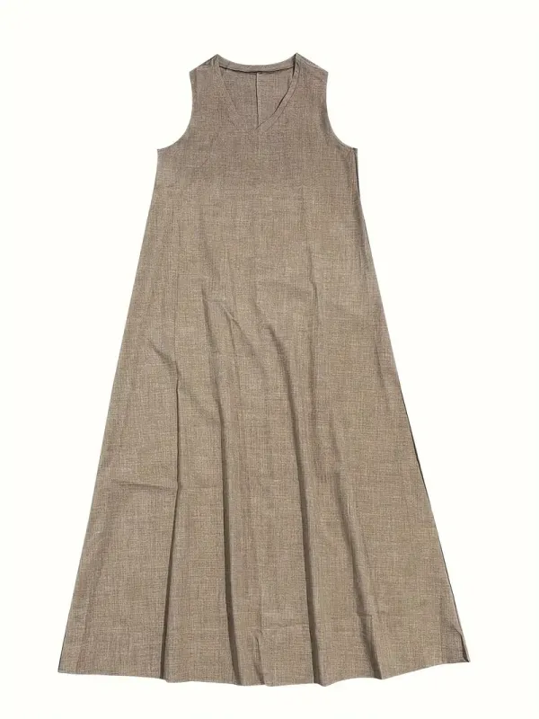 Women's Soft Linen-Blend V-Neck Tank Dress - Casual Sleeveless Long Dress in Pinkish-Beige, Loose Fit for Casual Attire