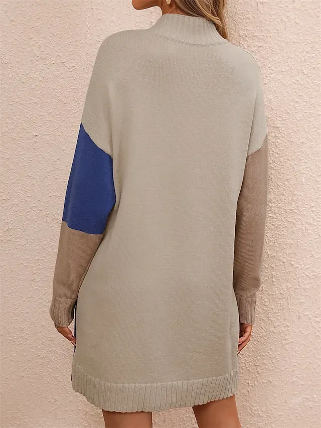 Women's Sweater Dress Jumper Dress Winter Dress Mini Dress Knitwear Fashion Casual Color Block Outdoor Daily Vacation Going out Crew Neck Long Sleeve Patchwork 2023 Loose Fit Black Blue khaki S M L XL