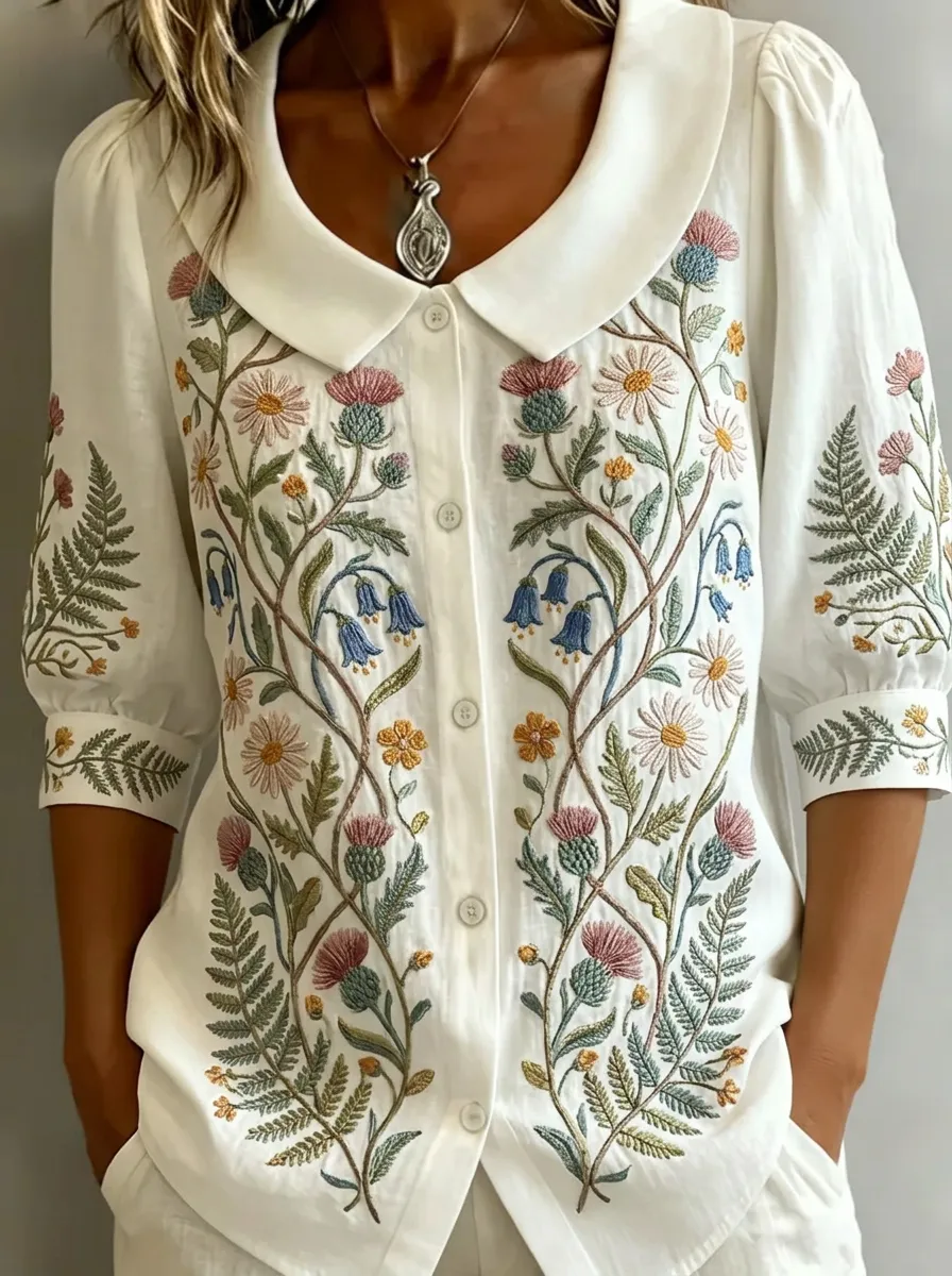 Women's Nashville Botanical Thistle Floral Embroidered Printed Shirt