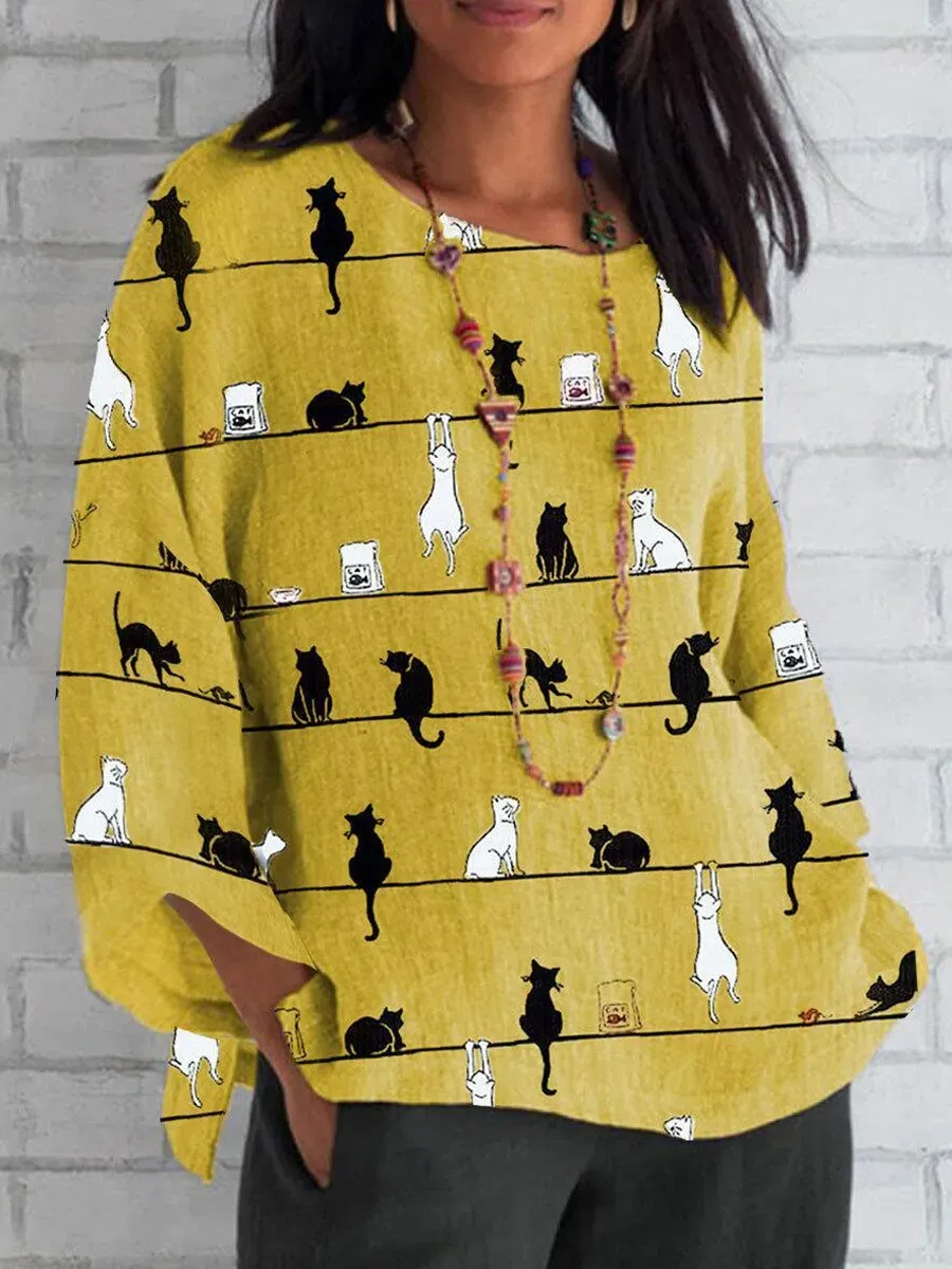 Casual Cat Print Crew Neck Long Sleeve Blouse