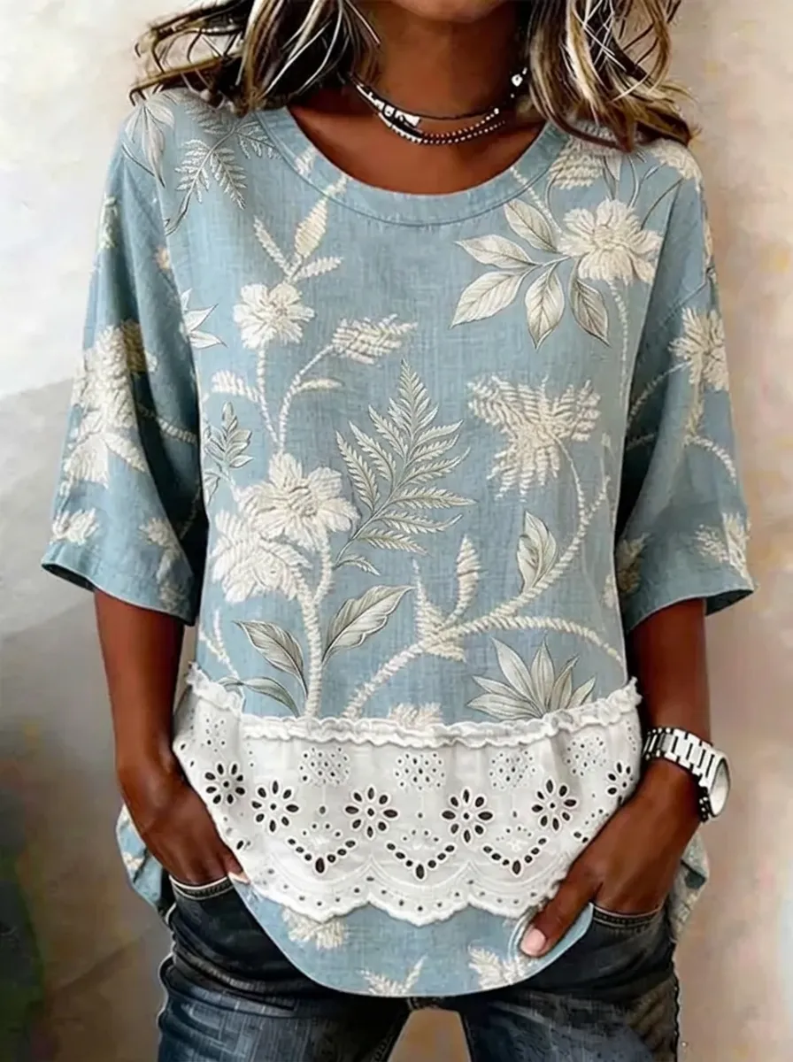 Women's Nashville Floral Lace Trim Printed T-shirt