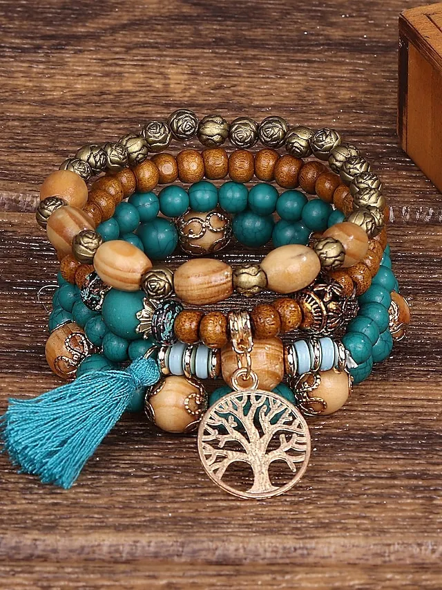 Women's Bead Bracelet Vintage Bracelet Layered Fashion Tree of Life Flower Elegant Fashion Personalized Tassel Bohemian Alloy Bracelet Jewelry For Gift Holiday Date Beach Festival