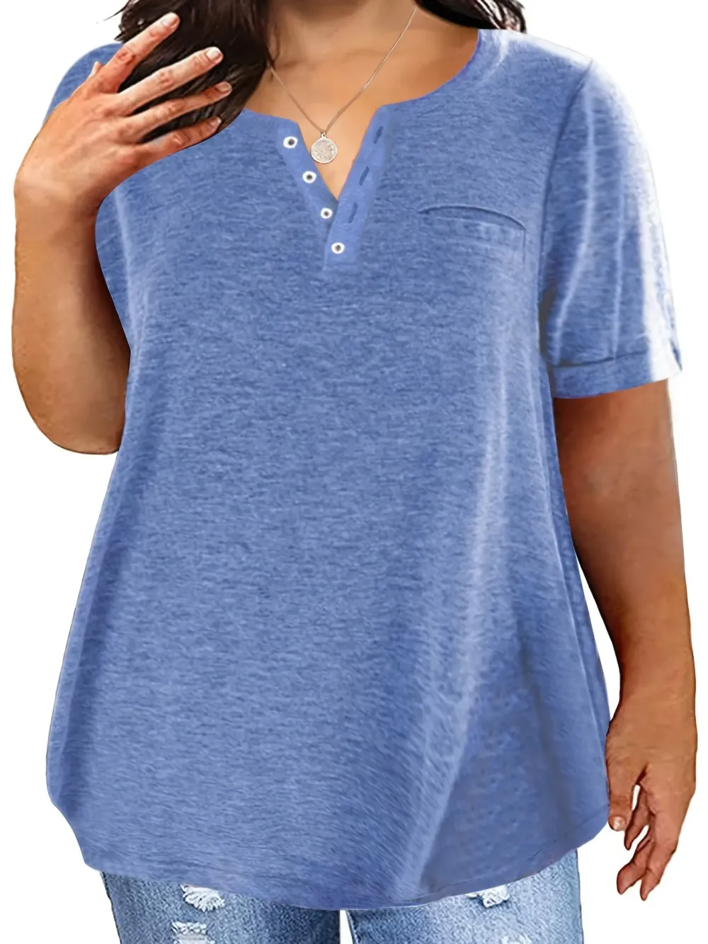 Plus Size Button Front Short Sleeve T-shirt, Women's Plus Slight Stretch Casual Tee