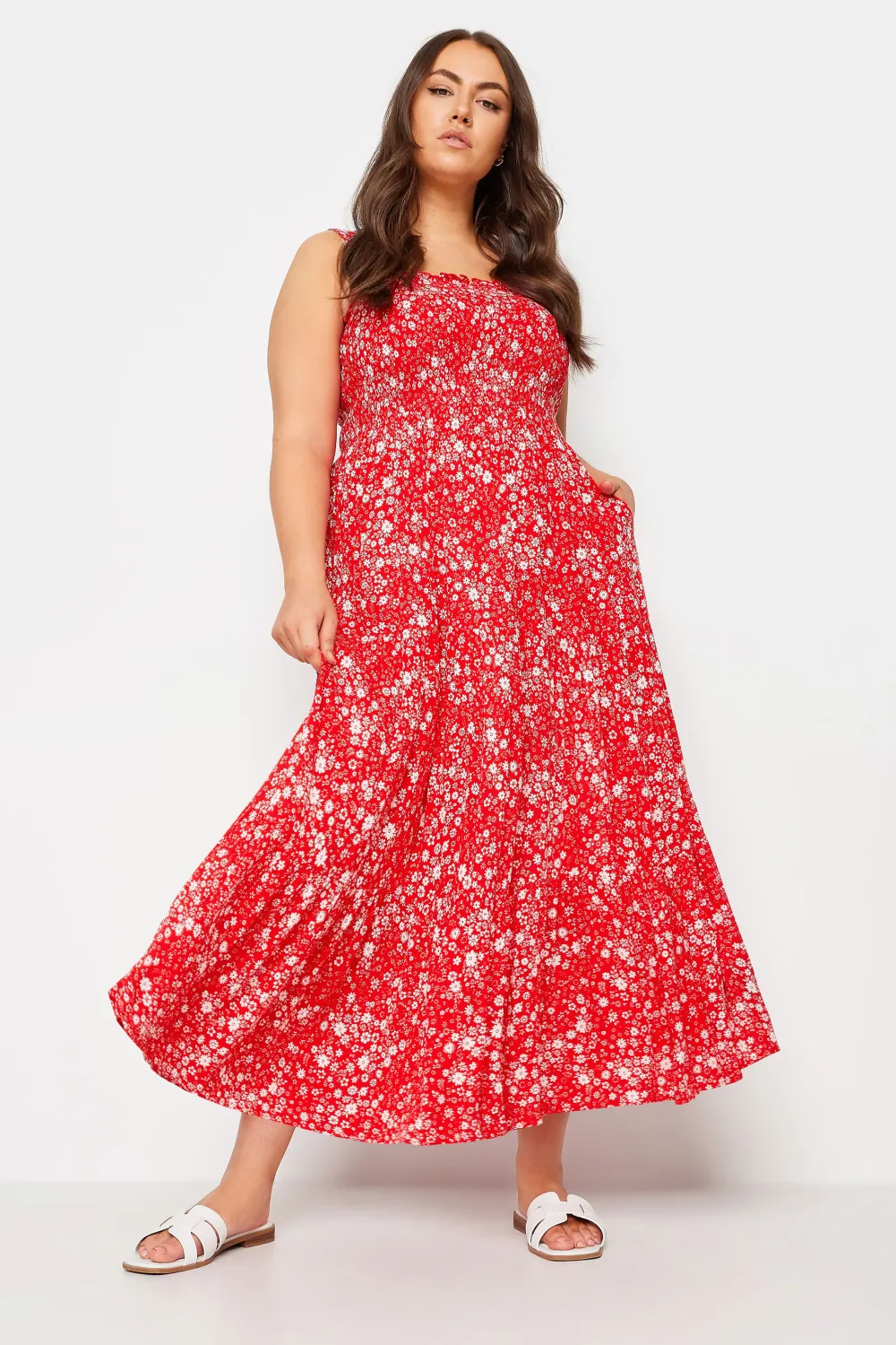 YOURS Curve Red Ditsy Floral Print Shirred Maxi Dress